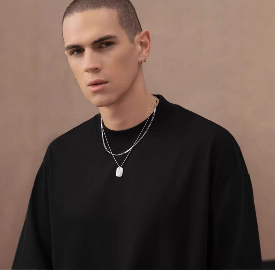 310g pesado cuello pequeño camiseta de cuello alto de manga corta europea y americana hombre de hombro caído casual pareja casual en la parte superior versátil