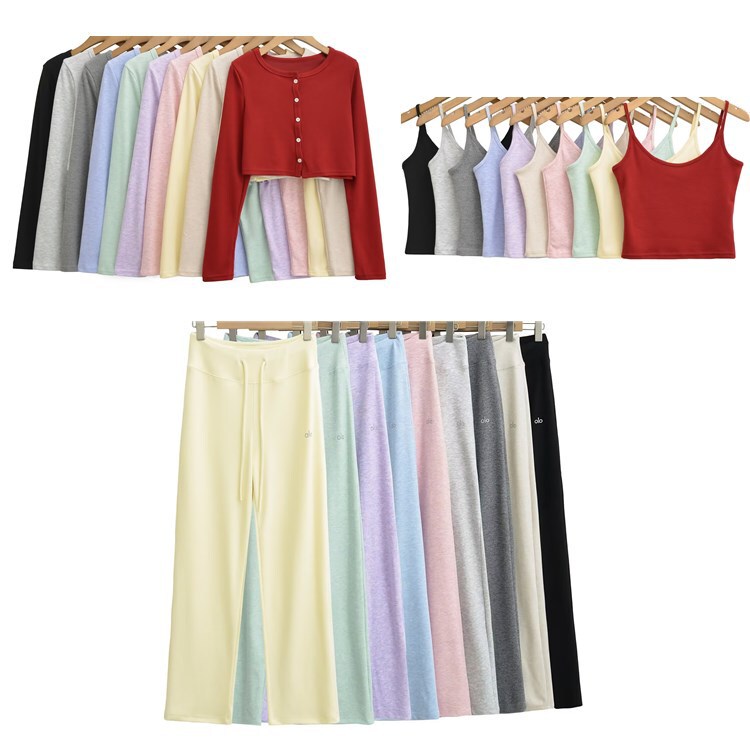 Hot Girl Spring and Autumn Soft Cardigan with Suspenders, Drapey Wide-Leg Floor-Length Pants Three-Piece Set for Women, Drawstring Low-Waist Sports Casual Pants