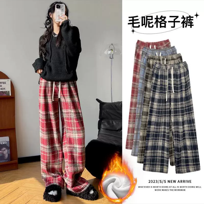 毛呢格子阔腿裤女秋冬加绒加厚高腰显瘦垂坠感美拉德休闲直筒裤子