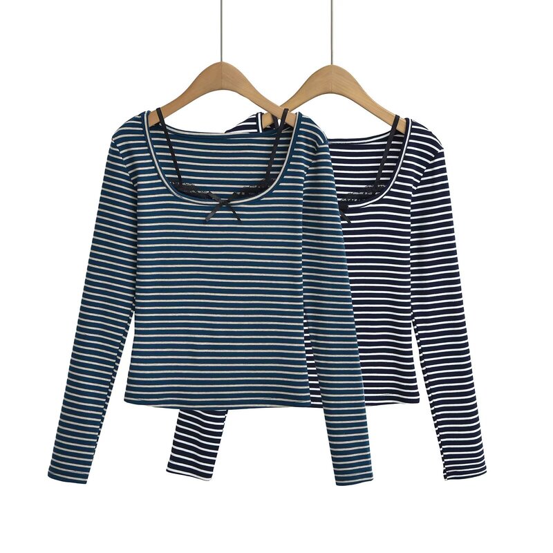 European and American Retro Style Striped Slim Base Top Women's Niche Design Lace Stitching Bow Long Sleeve T-Shirt