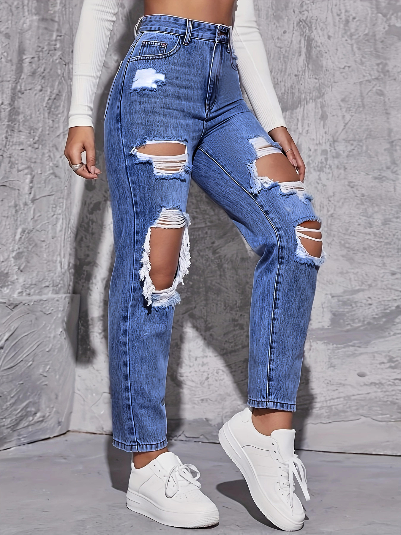 European And American Blue Ripped High-waisted Denim Straight-leg Pants Women's Fashion Versatile Trousers_ecoleips.com
