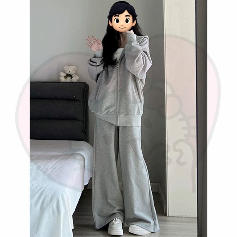 休闲运动套装女秋冬新款宽松连帽灰色卫衣阔腿裤两件套开衫外套潮|undefined