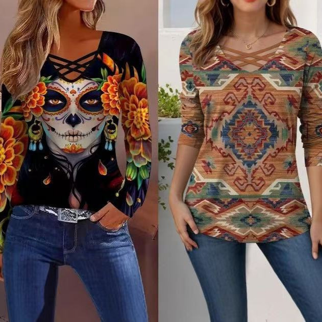 Amazon Cross-Border 2025 Autumn and Winter New European and American Export Printed Long-Sleeved Halloween Funny T-Shirt Tops for Women Amazon Cross-Border 2025 Autumn and Winter New European and American Export Printed Long-Sleeved Halloween Funny T-Shirt Tops for Women