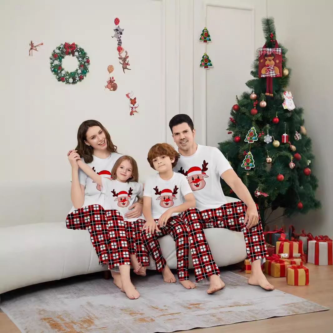 Christmas Short-sleeved Christmas fawn plaid Christmas family print home dress pajamas_viptrois.com