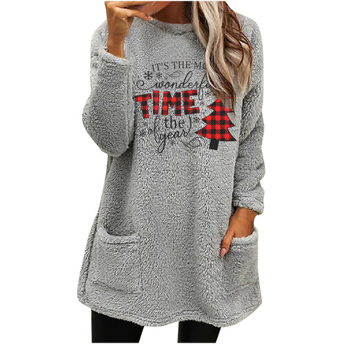 Women's New European and American Style Iron-on Transfer Print Round Neck Loose Long Sleeve Pocket Plush Hoodie