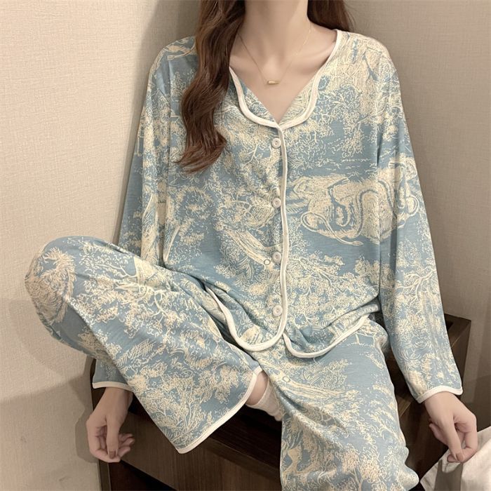 Al por mayor transfronterizo primavera y otoño nuevo cuello en V monje cuello de algodón leche cardigans pijamas de manga larga ropa doméstica de dibujos animados de mujer