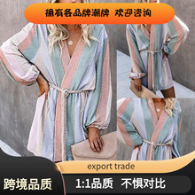 现货 亚马逊eBay爆款欧美女装印花宽松腰带竖条纹风衣外套OM9454