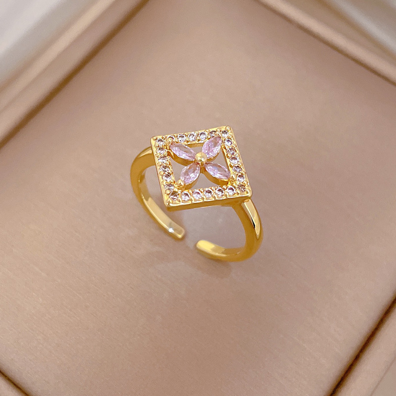 Anello quadrato leggero di lusso con fiore, apertura regolabile, gioiello semplice giapponese, anello per coppie_voghion.com