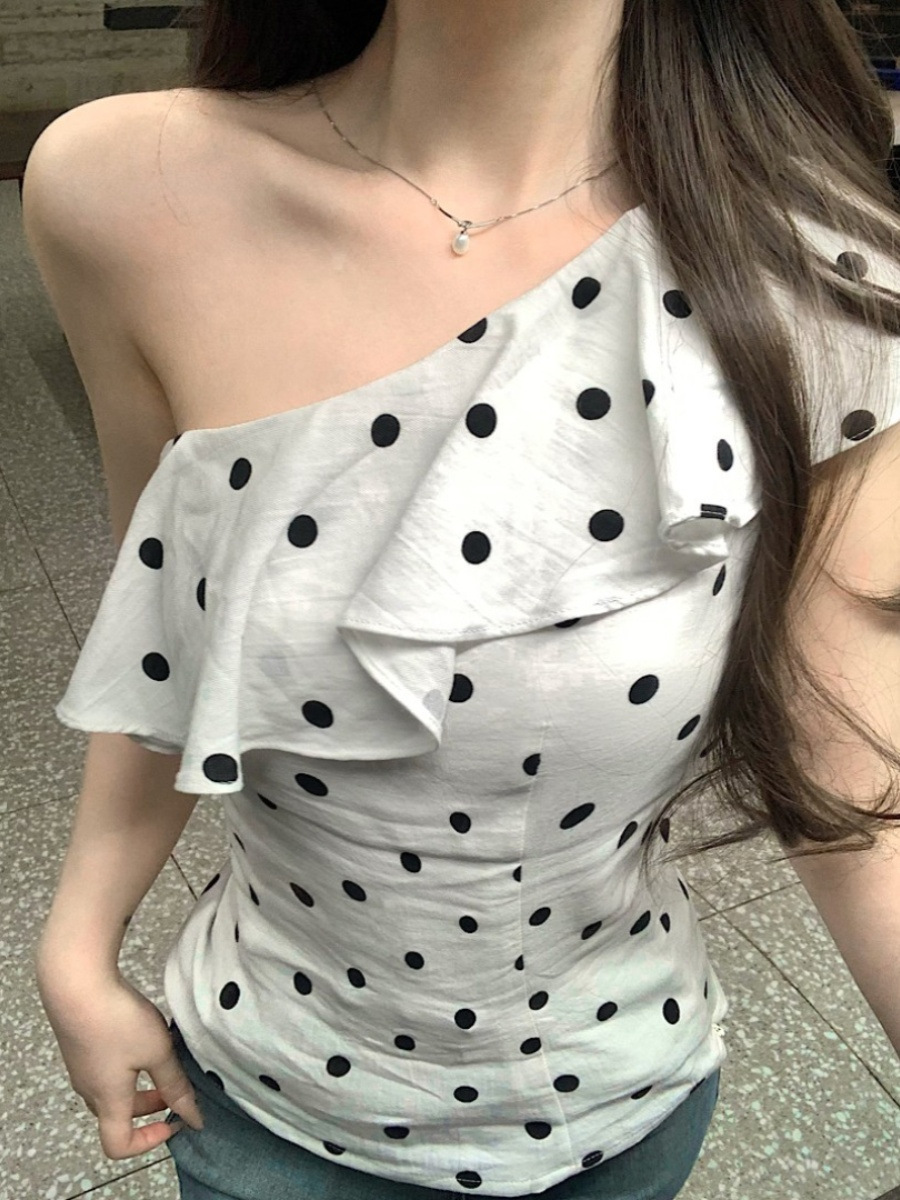 French-style Ruffled Wave Dot Slant Shoulder Short-sleeved Vest Women's Summer Slim-fit Design Sweet Spice Chic Outer Wear Top