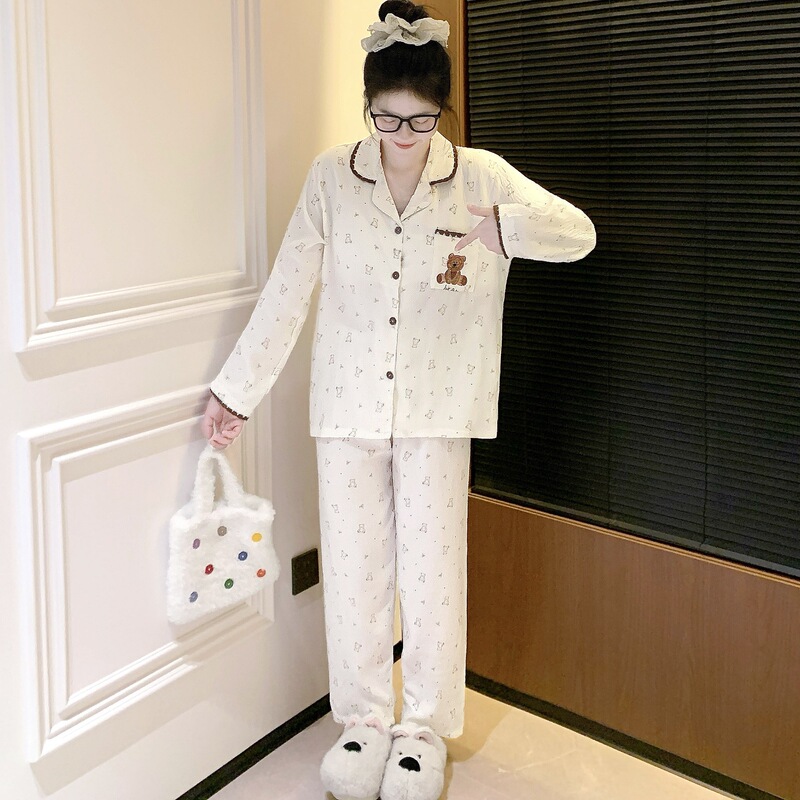 Women's autumn pajamas with chest pads, cloud cotton cartoon girl cardigan, shell collar student home wear set, can be worn outside Women's autumn pajamas with chest pads, cloud cotton cartoon girl cardigan, shell collar student home wear set, can be worn outside
