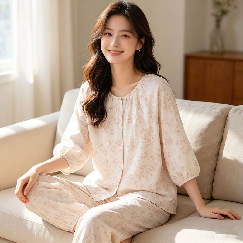 100% Cotton Double-Layer Gauze Printed Pure Cotton Summer Three-Quarter Sleeve Breathable Long Pants Home Wear Set Pajamas Summer Women's 100% Cotton