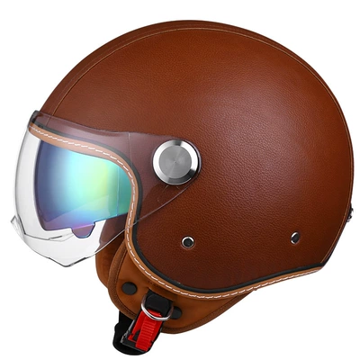 Motosiklet kaskı (dəbilqə) – retro leather helmet motorcycle bluetooth - lychee-pattern-brown-short-outside-and-colorful-inside-m