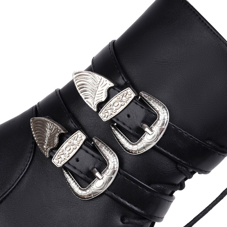 New round head front strap with double belt buckle side zipper waterproof platform chunky high heel ankle boots_voghion.com