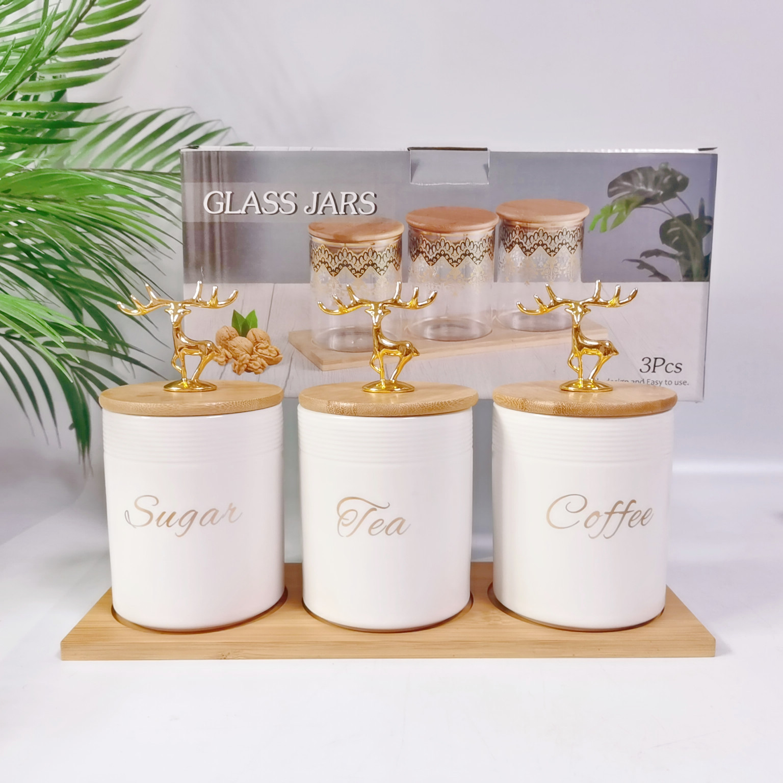 Comercio exterior transfronterizo Oriente Medio Exportar tarro sellado de cerámica con tapa de madera tarro de almacenamiento condimento de cocina tarro de té de café tarro