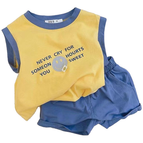 Pure Cotton INS Korean Style Children's Smiling Sleeveless Tank Top and Shorts Set for Boys Fashion Thin Summer Two-Piece Set