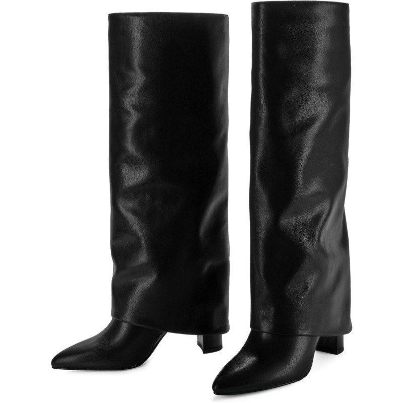 Autumn Winter New Knee Boots Women's Fold over Knee High Boots Chunky Heel Long Boots Zipper Pointed Toe Dress High Boots