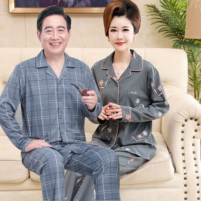 [Dos juegos de precio] 100% pijamas de primavera y otoño de algodón puro delgada mamá y papá de mediana edad y ancianos hombres y mujeres de manga larga homewear
