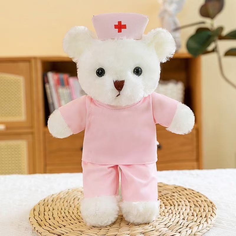 Médico traje de enfermera oso de peluche muñeca de peluche uniforme de enfermera osito puede imprimir logotipo regalo de evento de oso