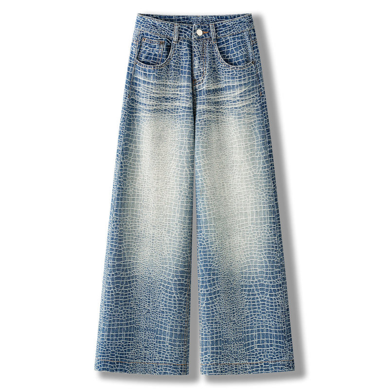 High-end crocodile-patterned straight-leg jeans for women, 2026 autumn new collection, stylish and versatile wide-leg long pants