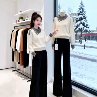 撞色拼接翻领软糯针织衫毛衣女秋冬设计感宽松显瘦厚内搭保暖上衣