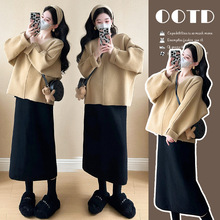 孕妇装秋冬新款韩版时尚宽松V领毛呢加厚上衣+针织半身裙甜美套装
