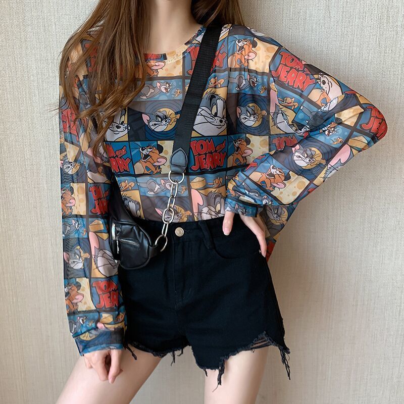 トムとジェリー アイスシルク日焼け止めブラウス Tシャツ レディース 夏 大きいサイズ ルーズ プルオーバー 長袖 薄手 メッシュ トップ|undefined