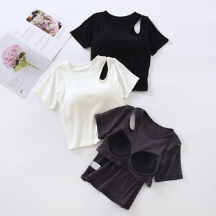 Vest with Chest Pad Water Drop Hollow Shaped Sling with Bra Cup One-piece Slim Underwear Short Sleeve Base T-shirt