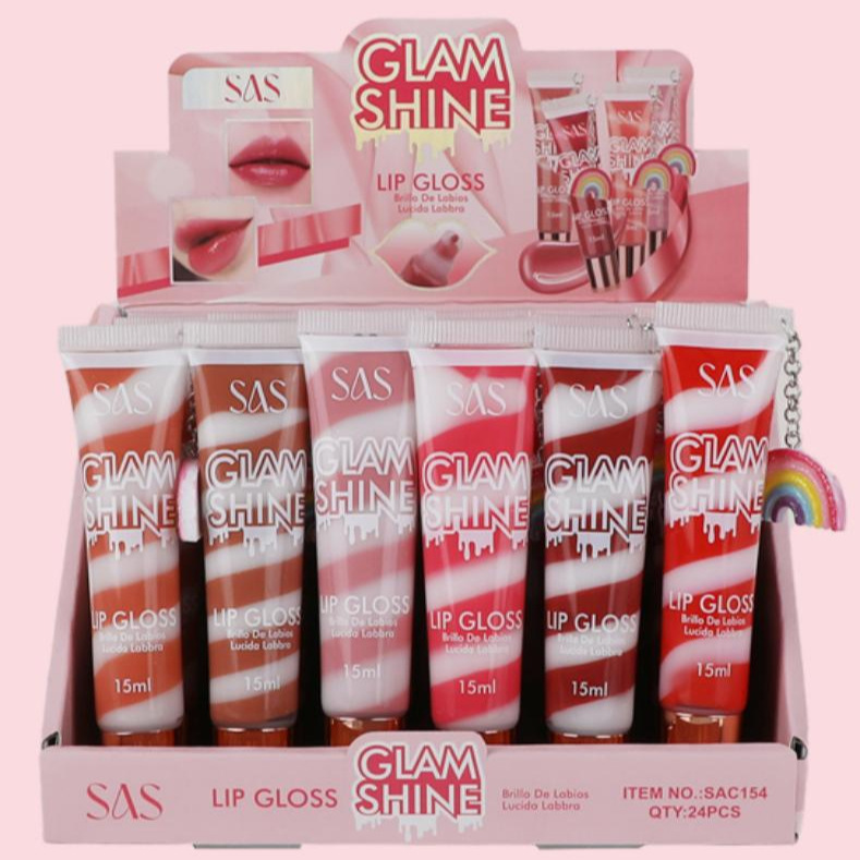 (caja de exhibición) 24 piezas de una caja SAS transfronterizo lápiz labial esmalte labial miel humectante con colgante arco iris SAC154