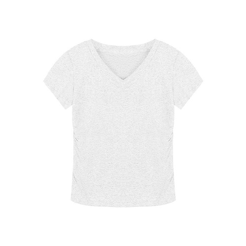 V-neck short-sleeved T-shirt women's 2025 summer new style front shoulder slim slim pleated short student solid color top trendy