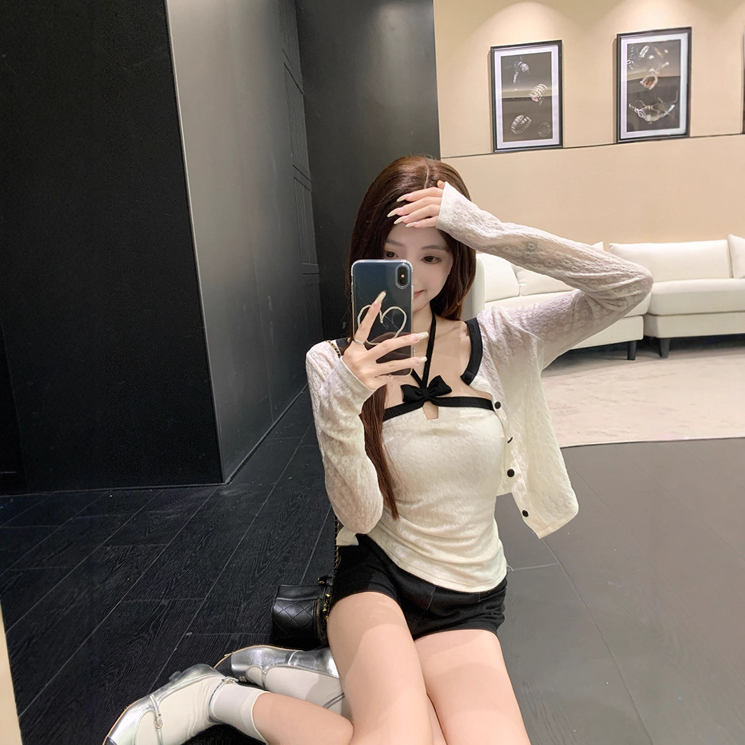 蝴蝶结撞色挂脖抹胸背心女秋季温柔风套装提花长袖开衫上衣两件套