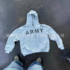 休闲时尚百搭拉链开衫卫衣美式复古各处街头图案印花连帽衫男女