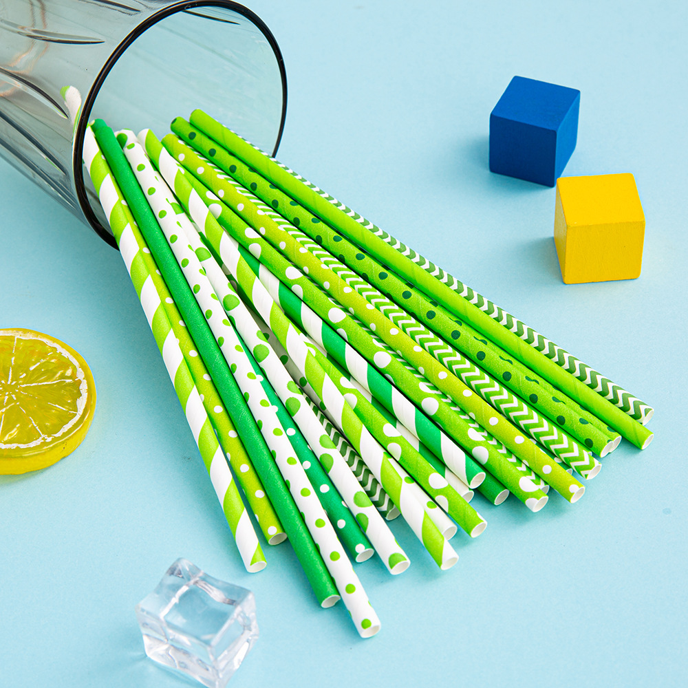 Gran cantidad en stock paja de papel desechable al por mayor paja de papel degradable paja de serie verde Verde Rayado fresco
