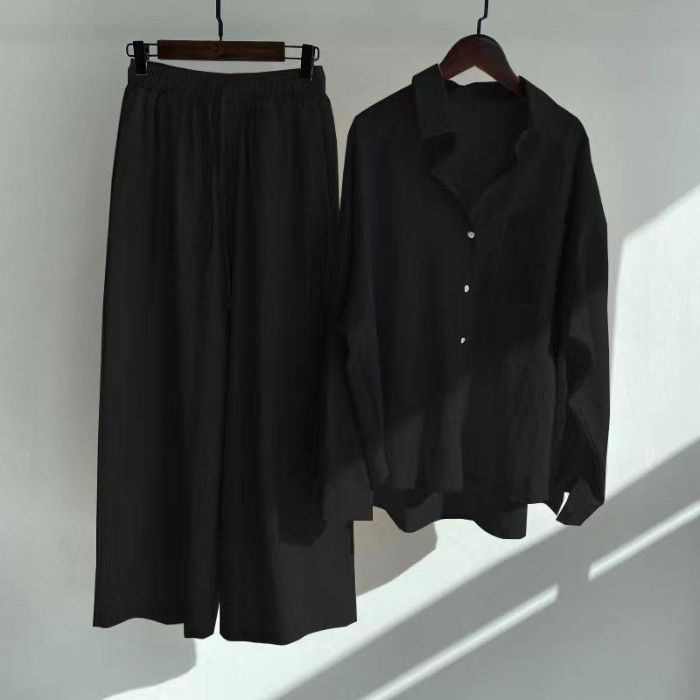 跨境亚马逊女士2件套复古加大码 2025棉麻衬衫套装高腰宽松长裤|undefined