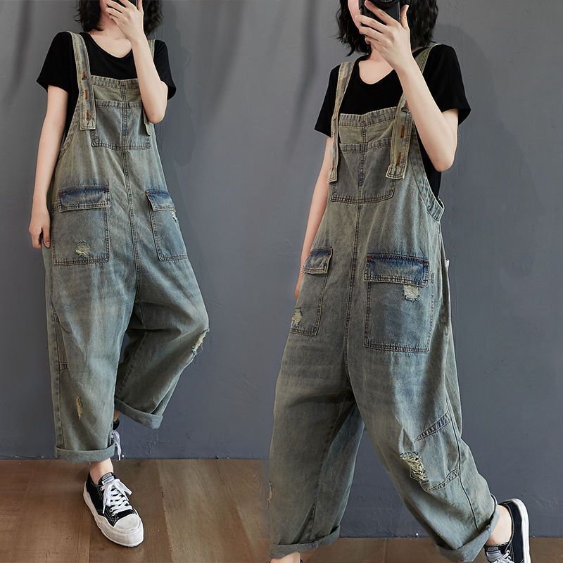 2026 Autumn New Style Distressed Vintage Denim Overalls for Women, Loose Vintage Color Jumpsuit, Artistic Long Pants