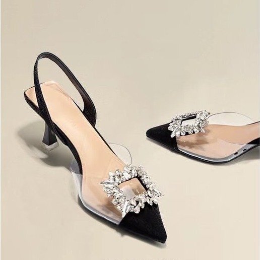 2023 Transparent Square Buckle Backless Stiletto Closed-Toe Sandals for Professional Interviews, Pointed-Toe High-Heeled Shoes for Women, European and American Style