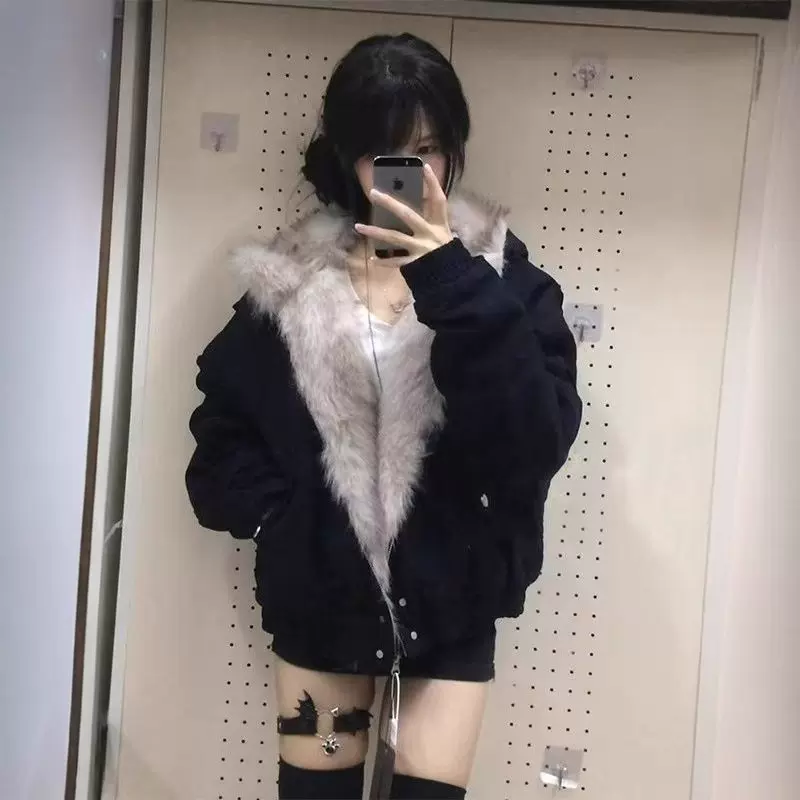 冬季甜辣妹感毛毛领棉服外套潮牌夹棉款上衣毛领拉链情侣装外套新