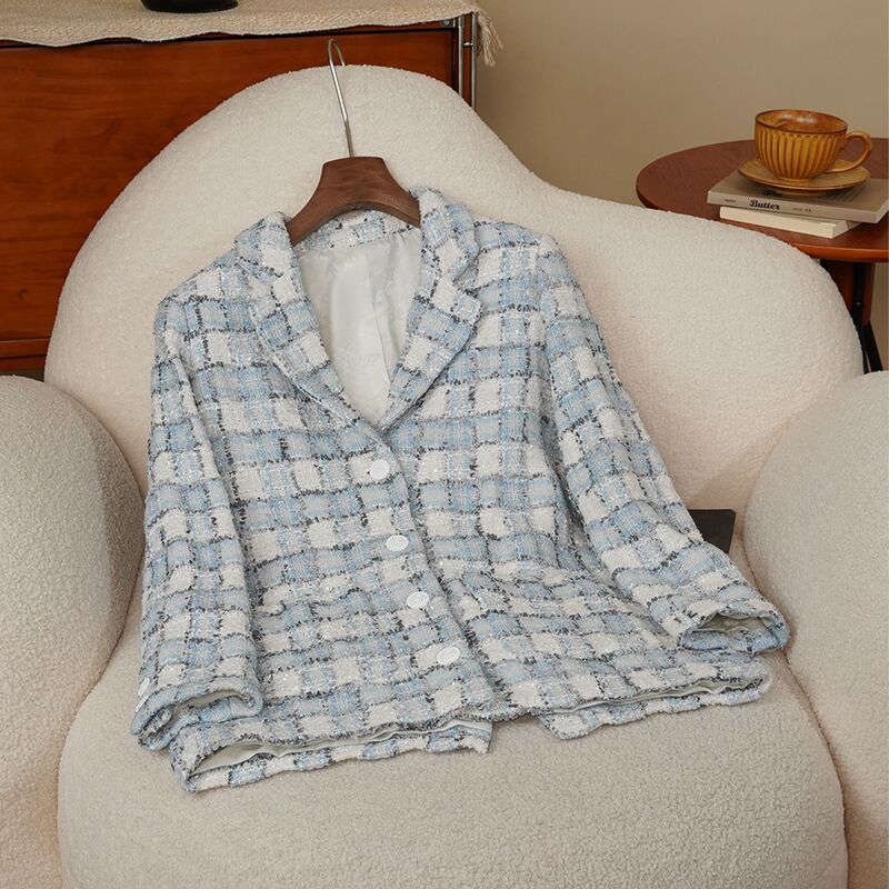 Amphiona French-Style Tweed Blazer with Blue and White Checkered Pattern, Mid-Length Women's Coat with a Chic and Elegant Design