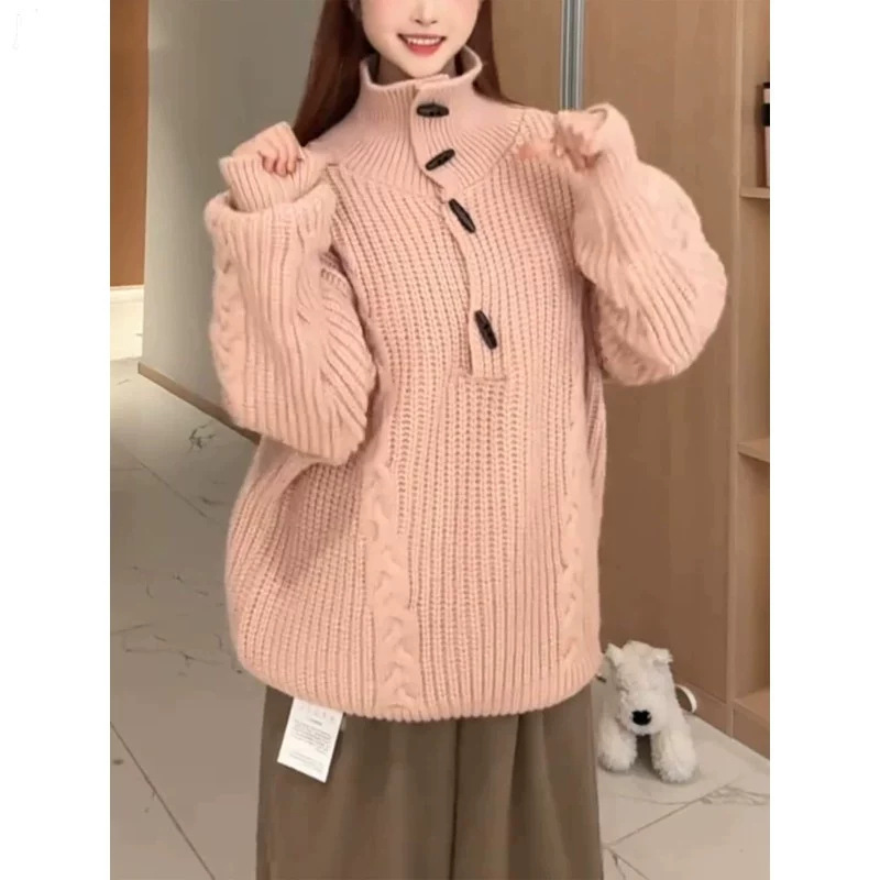 Korean-style cable-knit button-down turtleneck sweater for women, autumn/winter 2026, gentle, loose-fitting, warm, long-sleeved knit top Korean-style cable-knit button-down turtleneck sweater for women, autumn/winter 2026, gentle, loose-fitting, warm, long-sleeved knit top