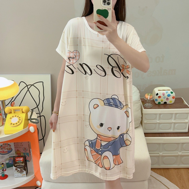 2025 New Style Nightgown Women's Loose Long Over-the-knee Pajamas Summer Short-sleeved Pregnant Women's Home Wear Thin Chaoshan Jieyang