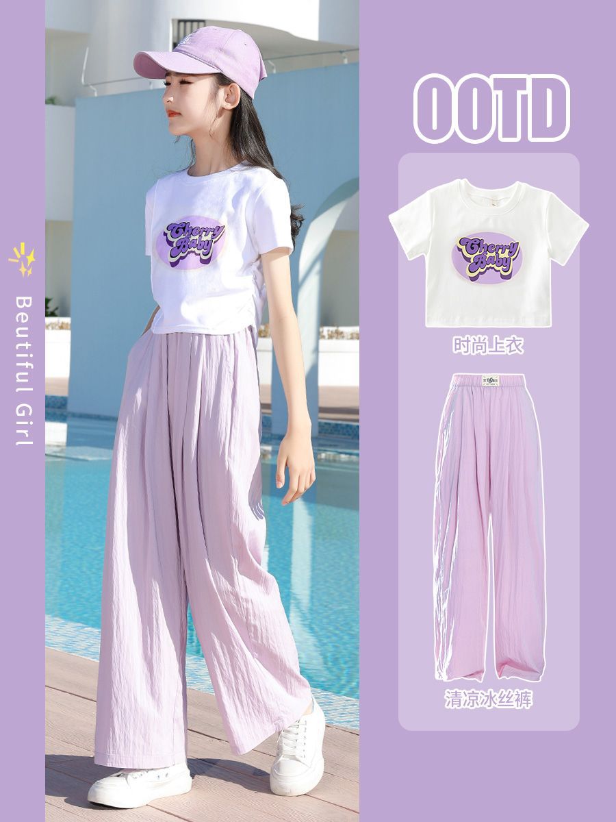 32-count pure cotton 230g girls' summer short-sleeved set, 2025 new casual dopamine two-piece set for older children.