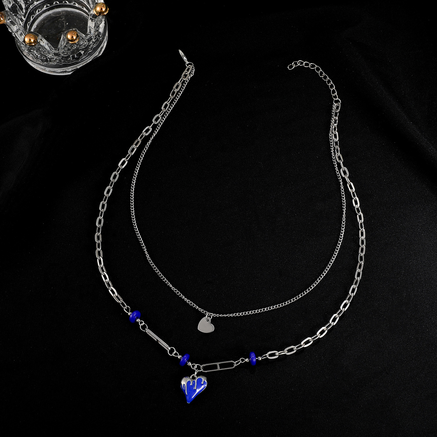 Klein Blue Double Layered Heart Collarbone Chain Hip-hop Multi-layer Necklace display picture 5