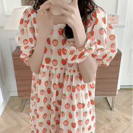 韩国ins女士夏季公主短袖裙草莓家居服泡泡袖睡衣女可外穿送发圈