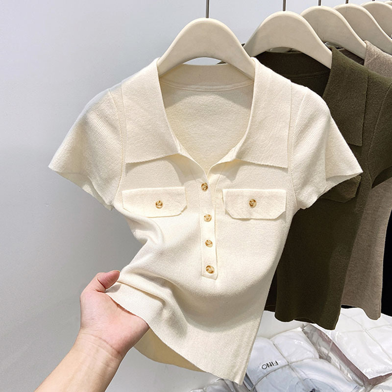 Women's Slim Fit Collared Knit Sweater Short Top Petite Fashionable Summer 2026 New Style Knitted Sweaters_ecoleips.com