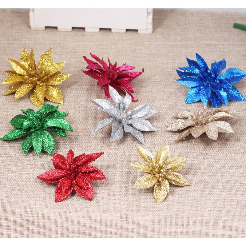 Fábrica directa de polvo de plástico sólido flor de Navidad guirnaldas de flores decoración de árbol de Navidad flores falsas en polvo de oro decoración de polvo de oro