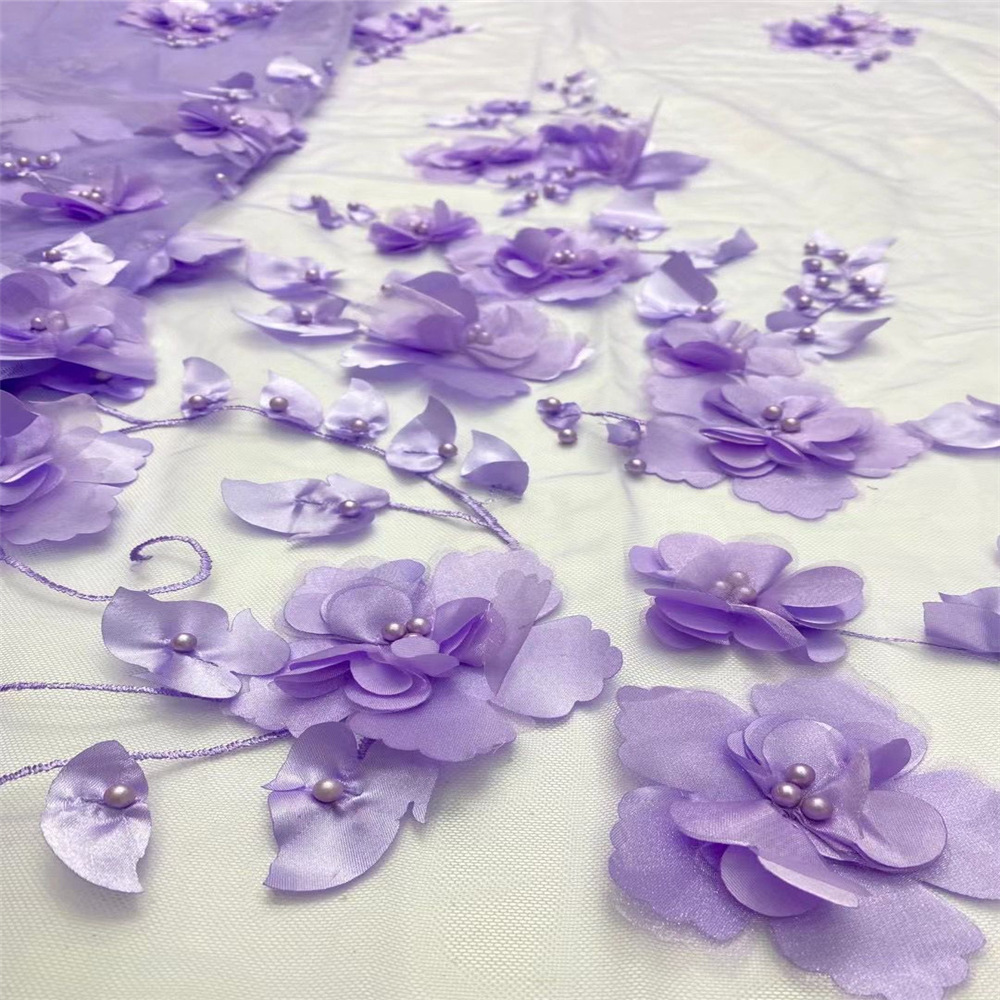 3D bordado tela de malla hecha a mano con cuentas tridimensional bordado tela primavera y verano ropa vestido de tela en stock venta al por mayor