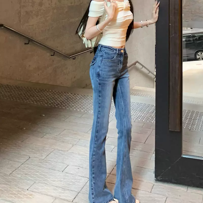 FBB lim显瘦韩女微喇牛仔裤女复古水洗时髦磨白褶皱修身长裤