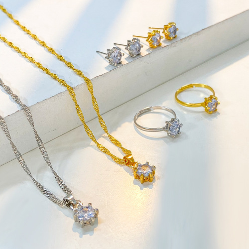 Elegant and Fashionable Three-Piece Set for Women: Cross-Border European and American Style Solitaire Diamond Necklace, Ring, and Earrings Set with Six-Claw Setting