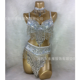 Oriental Dance Sequin Belly Dance Bra and Waist Belt Set for Women, Nightclub Stage Costume, European and American Performance Outfit for Stage Performances