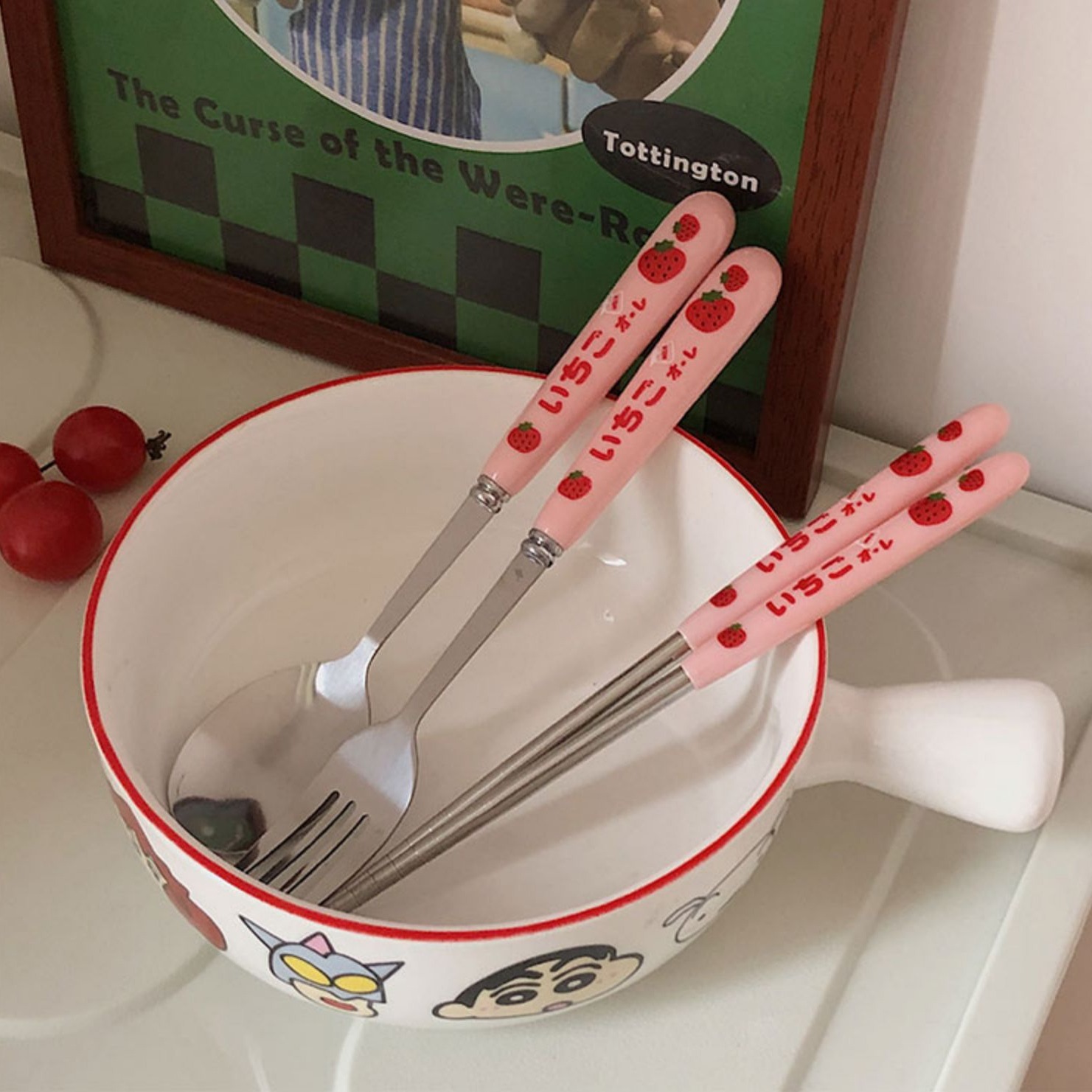 Internet celebridad vajilla simple creativo de dibujos animados chica ins estilo fresa de acero inoxidable portátil vajilla cuchara tenedor traje