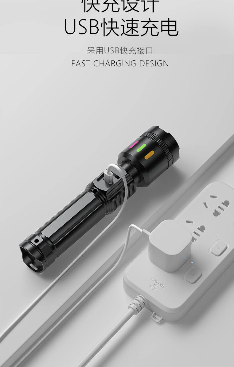 Cross-Border Outdoor High-Intensity Flashlight, White Laser Aluminum Alloy Flashlight, Long-Lasting Battery, Electric Display, Zoomable Handheld Flashlight